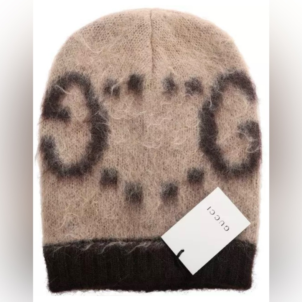 GUCCI CURRENT BEIGE BROWN GG PRINT SOFT MOHAIR WOOL BEANIE HAT 56/ S NWT - Picture 4 of 8